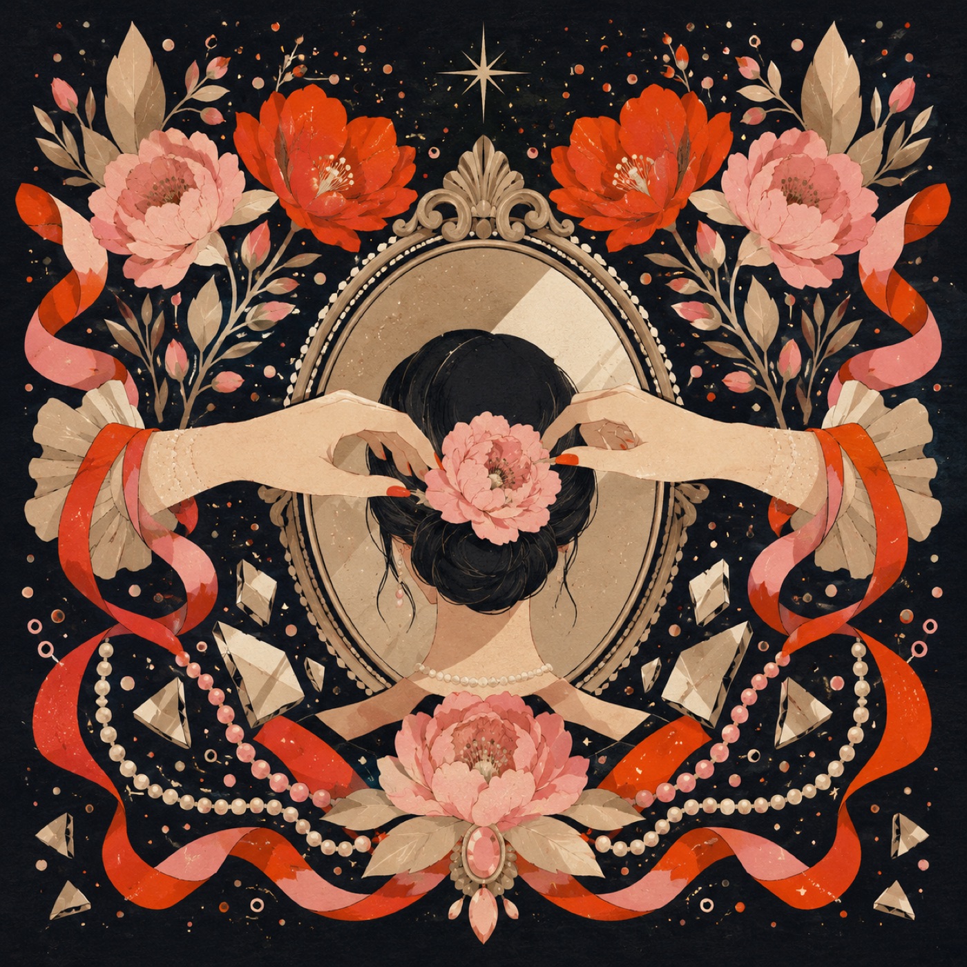 Illustration: hands placing a pink flower in someone's hair before an ornate mirror, surrounded by blooms, ribbons, pearls and mirror shards.