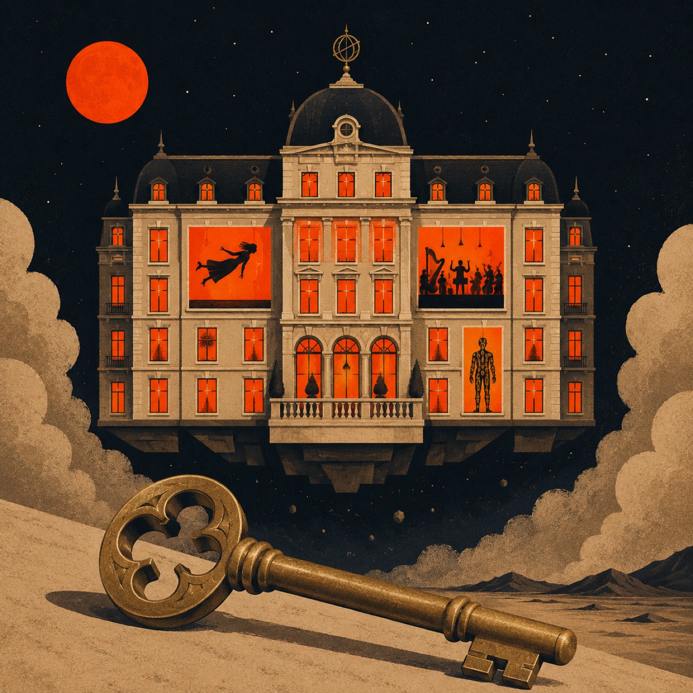 Illustration: a grand hotel floating in a night sky, its windows glowing orange with strange silhouettes, a brass room key in the foreground.