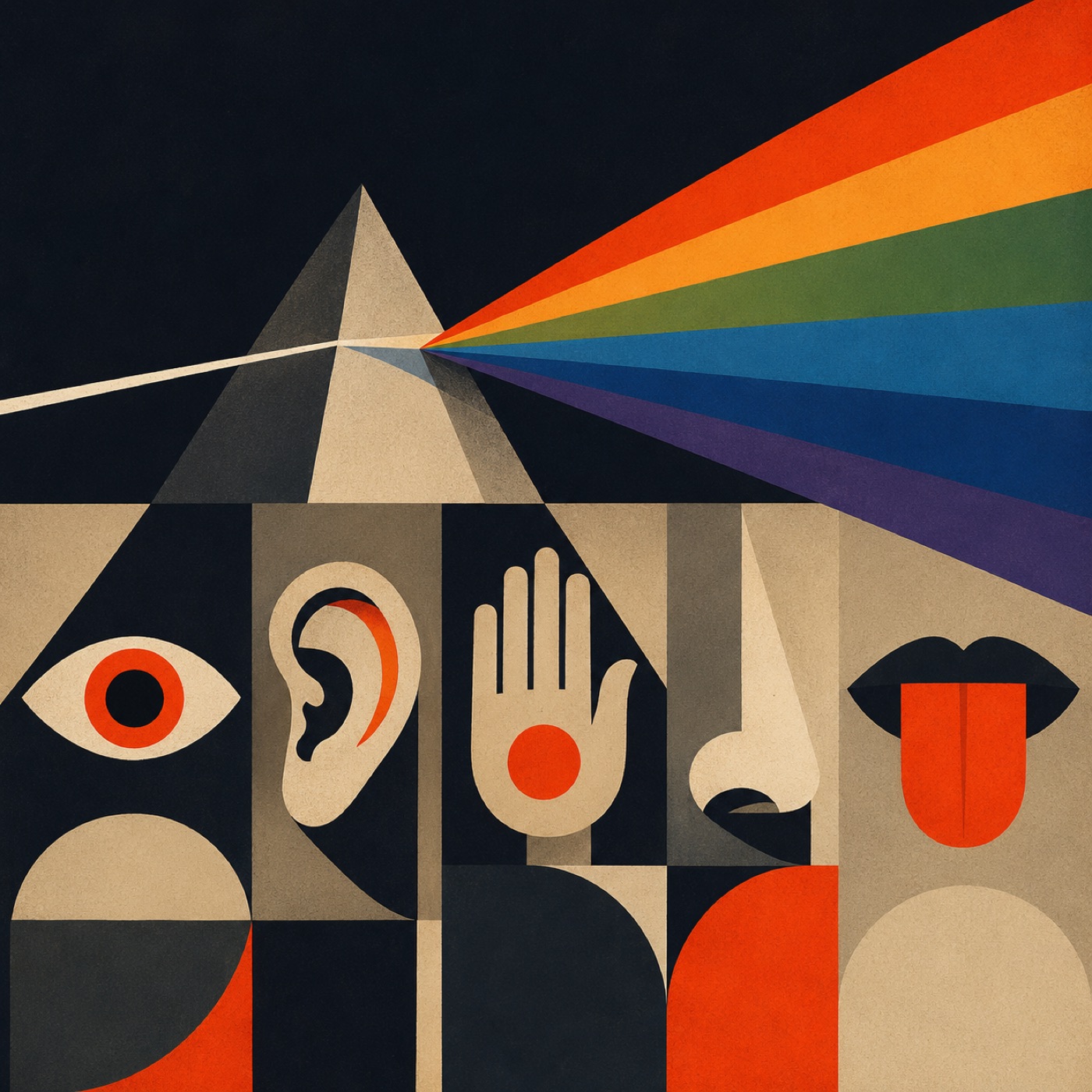 Illustration: a prism splitting a beam of light into a rainbow above geometric symbols of the senses: an eye, an ear, a hand, a nose, a tongue.