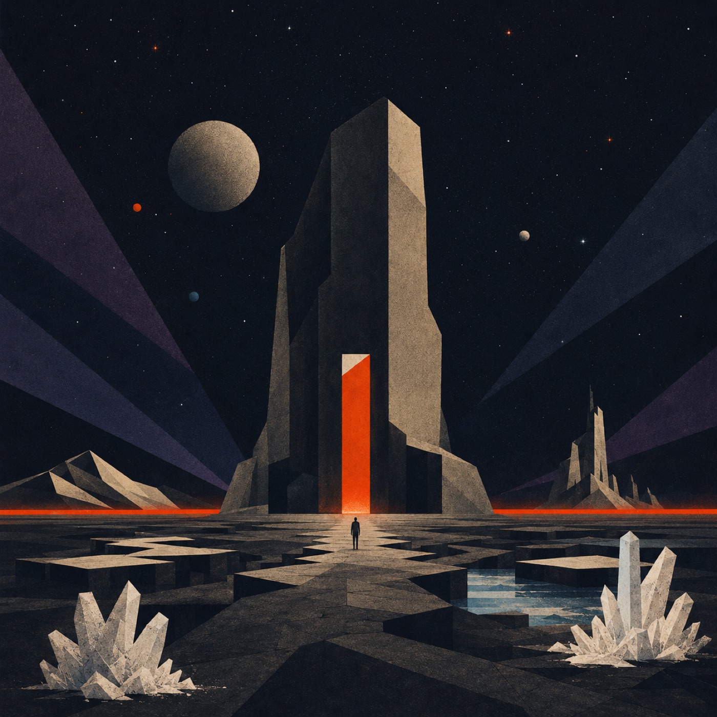 Illustration: a monolithic stone gateway with a glowing orange seam of light, a tiny human figure standing before it on a cracked basalt plain under deep-field stars.