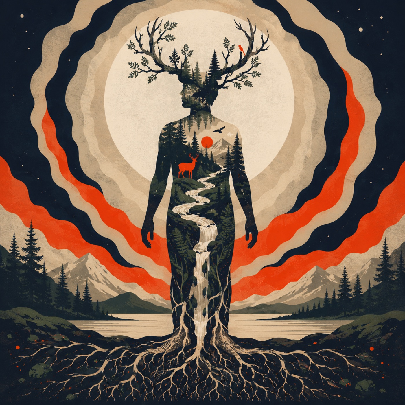 Illustration: a human figure filled with forest, mountains and a waterfall, antlers branching into trees, roots spreading into the earth below.